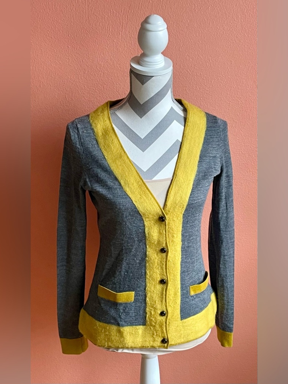 Gray and Yellow V-Neck Button Cardigan Sweater
